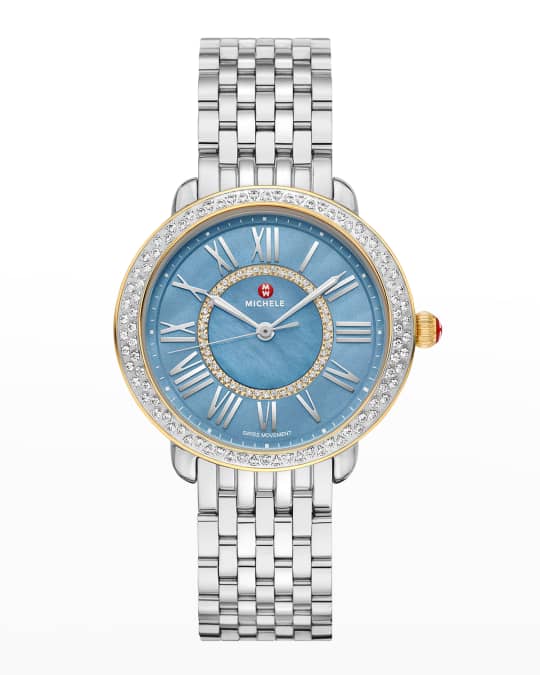 MICHELE Serein Mid Diamond Two Tone Watch with Mother of Pearl