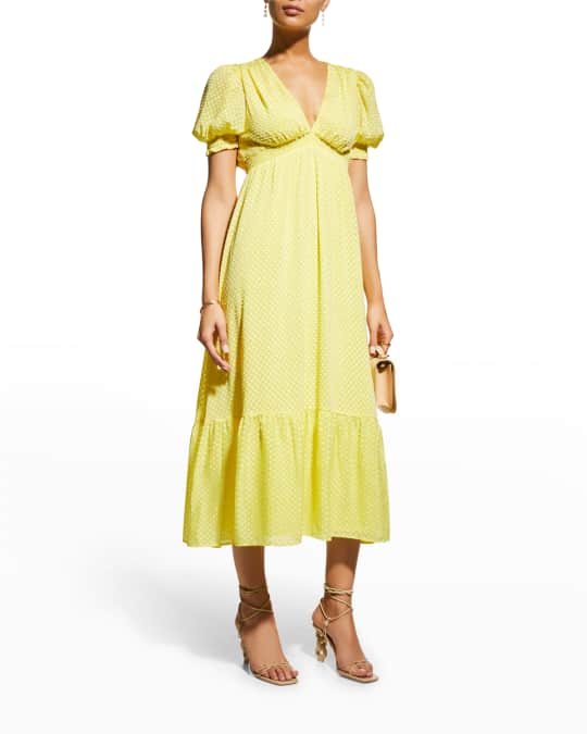 Angela Puff-Sleeve Flounce Hem Midi Dress