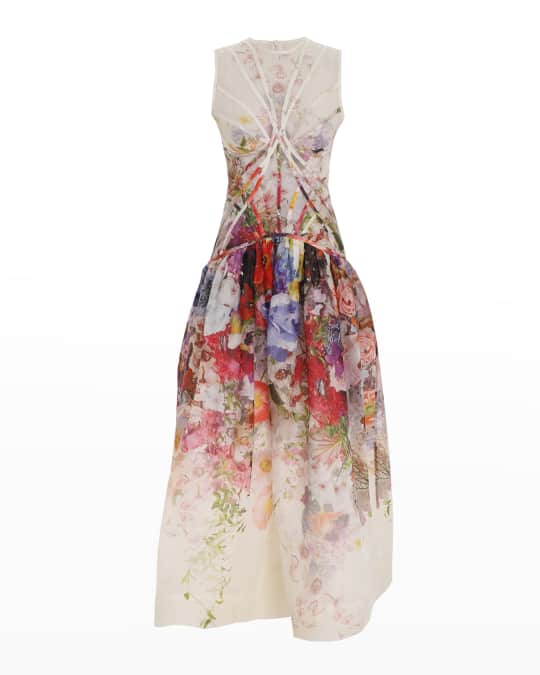 Zimmermann Prima Panelled Floral Midi Dress | Neiman Marcus