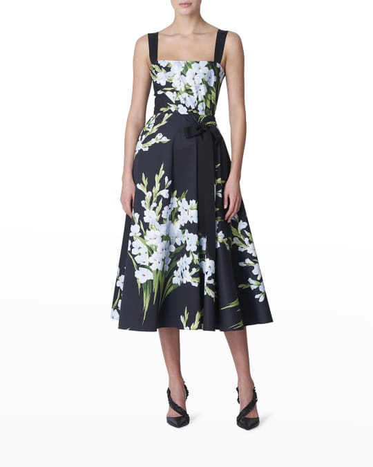 Carolina Herrera Floral Ruched Side-Tie Midi Dress | Neiman Marcus