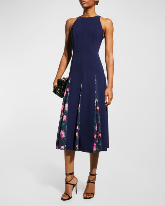 Floral Chiffon Godet Halter Tea Length Dress