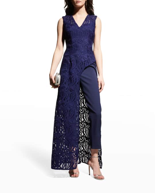 Kay Unger New York Sleeveless Asymmetric Lace Jumpsuit | Neiman Marcus