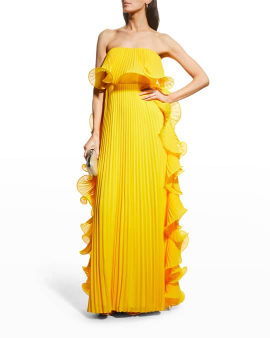 Badgley Mischka Collection Pleated Cascading Ruffle Gown Neiman Marcus