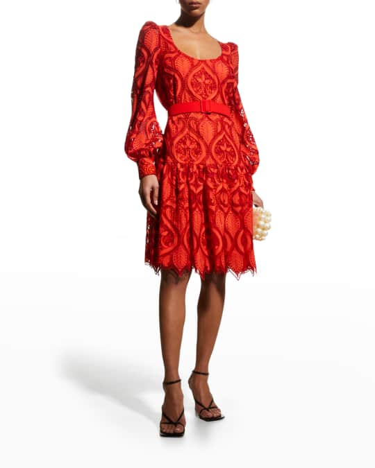 Badgley Mischka Collection Eyelet Lace Long-Sleeve Dress | Neiman Marcus