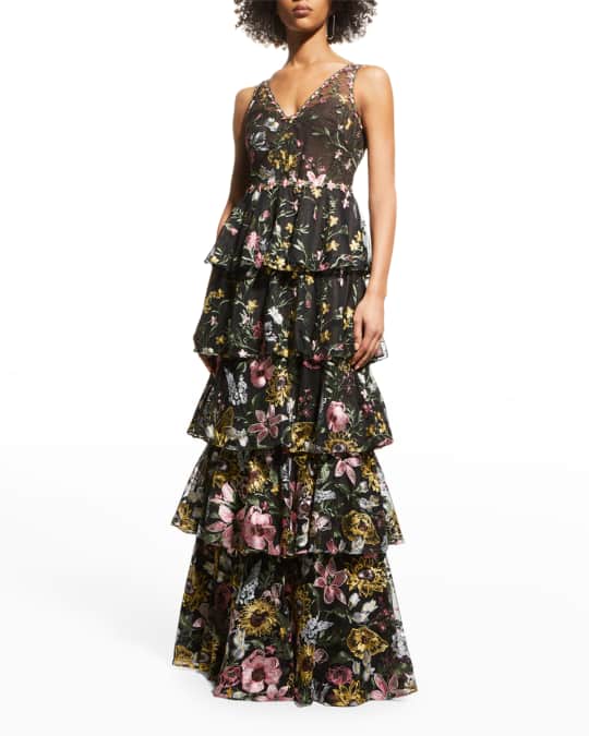 Marchesa Notte Tiered Floral-Embroidered Tulle Gown Neiman Marcus