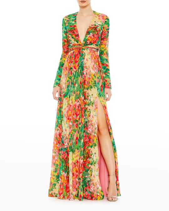 Ieena for Mac Duggal Deep V-Neck Front-Twist Gown | Neiman Marcus
