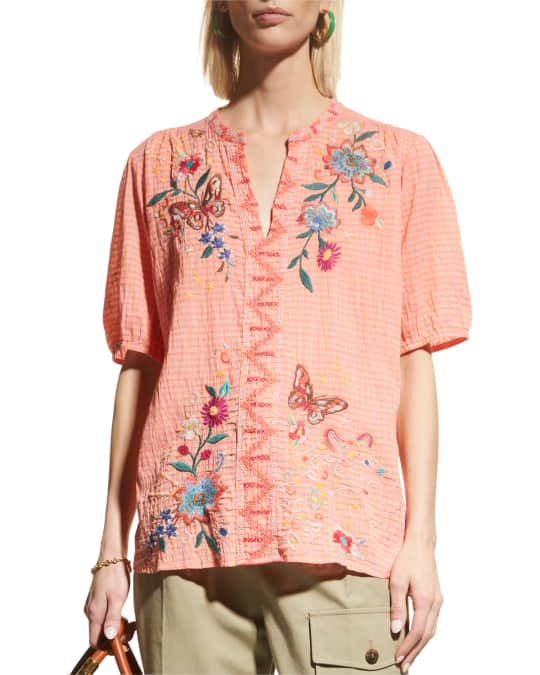 Johnny Was Olinda Check-Print Embroidered Blouse | Neiman Marcus