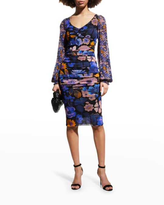 Long Sleeve Floral Print Tulle Dress