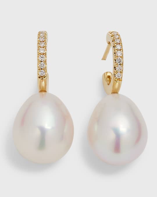 Small Pave Diamond Hoop Earrings with Large Freshwater Pearl Drops