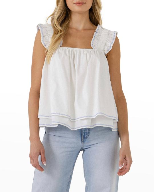 English Factory Contrast Embroidered Ruffle Tiered Top | Neiman Marcus