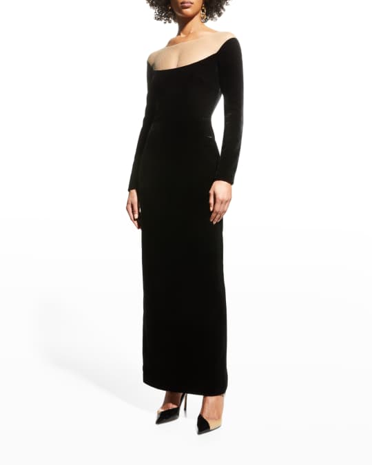 Monique Lhuillier Velvet Off-the-Shoulder Illusion Gown | Neiman Marcus