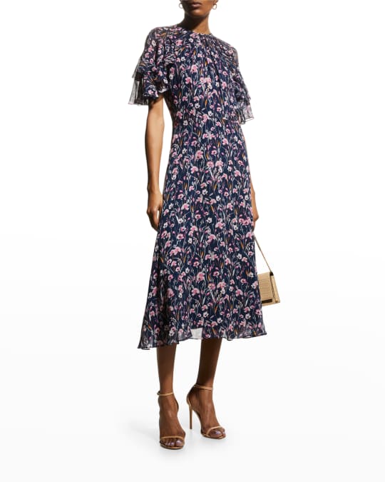 Rickie Freeman for Teri Jon Floral-Print Flutter-Sleeve Chiffon Dress |  Neiman Marcus