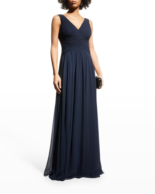 Rickie Freeman for Teri Jon Ruched Sleeveless VNeck Gown Neiman Marcus