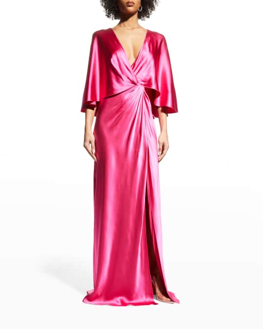 Plunging Twist Draped Capelet Silk Gown