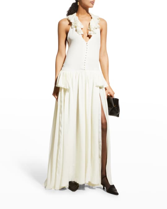 Khaite Maryam Ruffle Plunging Halter Maxi Dress | Neiman Marcus