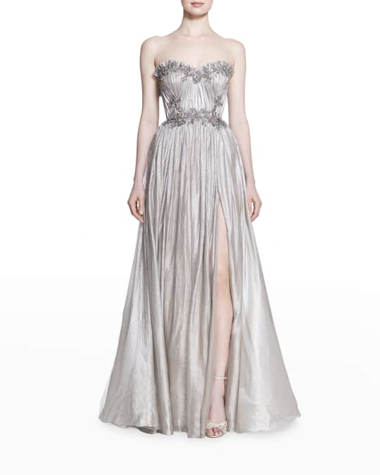 Marchesa Strapless Crystal Metallic Chiffon Gown | Neiman Marcus
