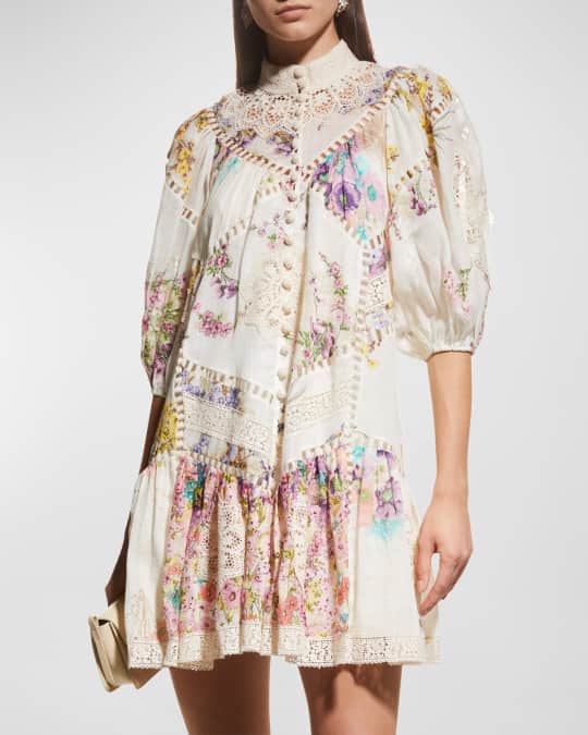Zimmermann Jude Floral Puffed-Sleeve Mini A-Line Dress | Neiman Marcus