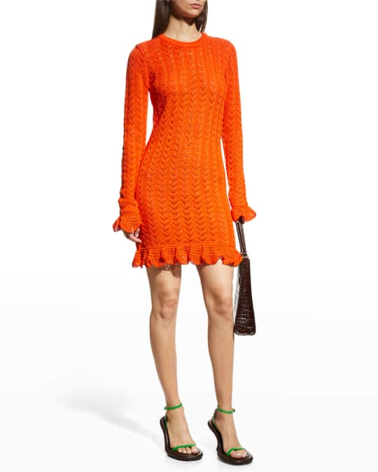 JW Anderson Ruffle-Cuff Scalloped Crochet Mini Dress | Neiman Marcus