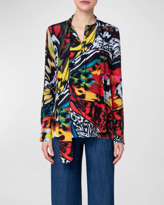 Butterfly Print Tie Neck Silk Blouse