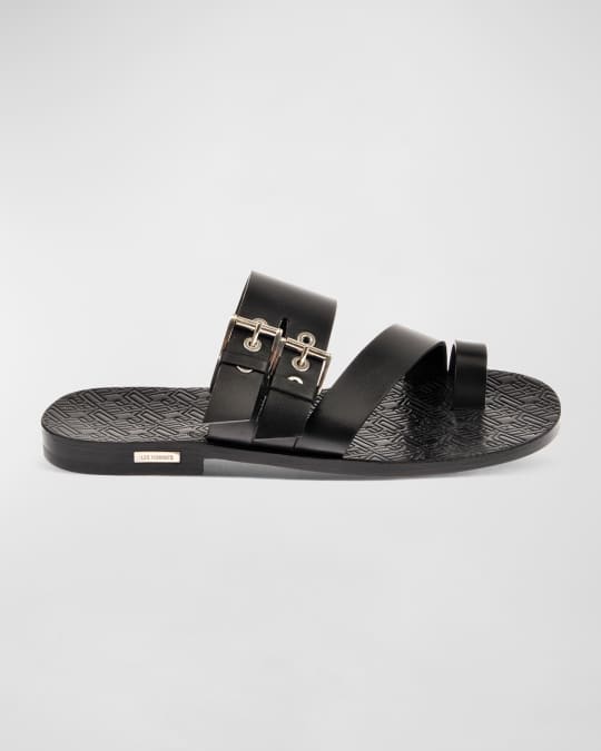Les Hommes Men's Double Buckle Leather Slide Sandals | Neiman Marcus