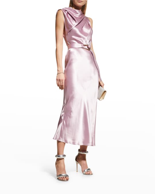 Acler Boise Belted Satin Cowl-Neck Midi Dress | Neiman Marcus