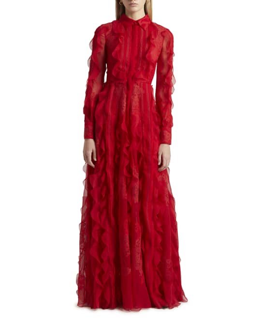 Valentino Garavani Cascading Ruffle Lace Trim Chiffon Collared Gown Neiman Marcus