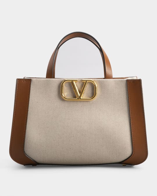 V Logo Small Canvas Tote Bag in Beige - Valentino Garavani