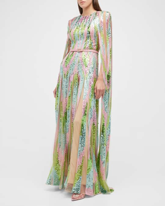 Elie Saab Sequined Tulle Cape-Sleeve Gown | Neiman Marcus