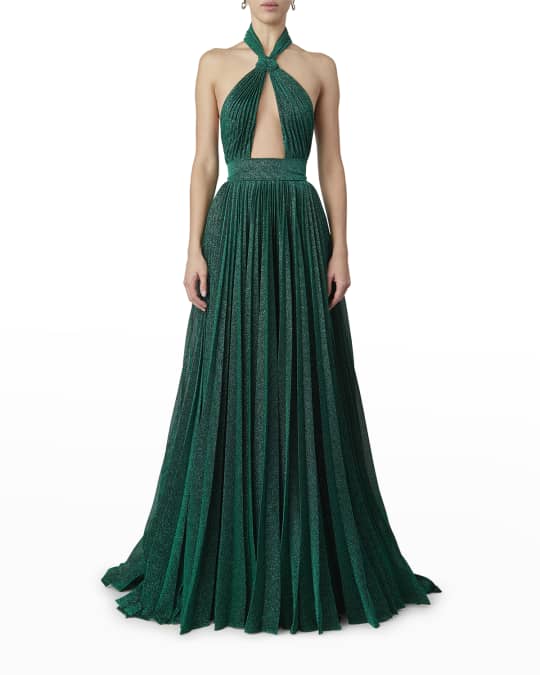 Elie Saab Crossover Cutout Metallic Plisse Gown | Neiman Marcus