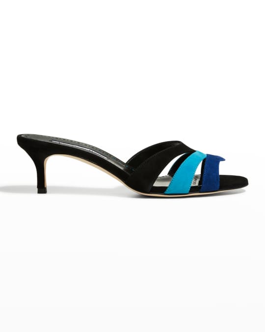 【MANOLO BLAHNIK】suspiroso 50 color-block suede mules Manolo Blahnik Suspiroso Colorblock Suede Mule Sandals