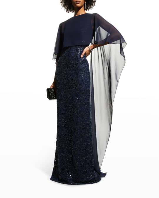 Beaded Chiffon Cape Gown