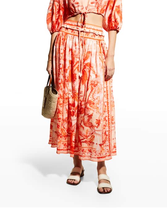 Zimmermann Lyre Printed Belted Linen Midi Skirt | Neiman Marcus