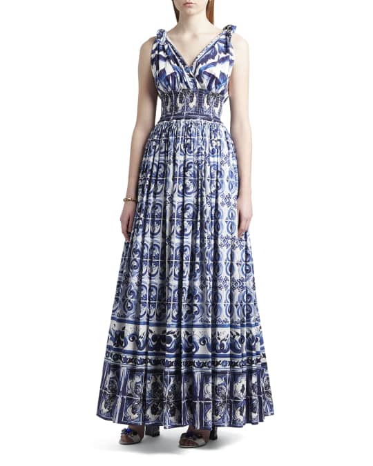 Dolce&Gabbana Tile-Printed Smocked Poplin Maxi Dress | Neiman Marcus