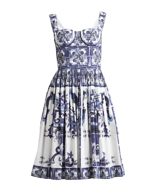 Dolce&Gabbana Tile-Print Pleated Poplin Bustier Dress Neiman Marcus