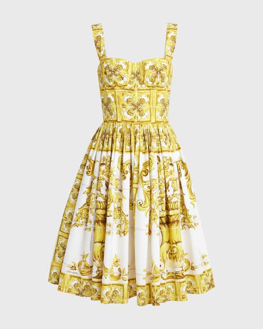 Dolce&Gabbana Tile-Print Pleated Poplin Bustier Dress | Neiman Marcus