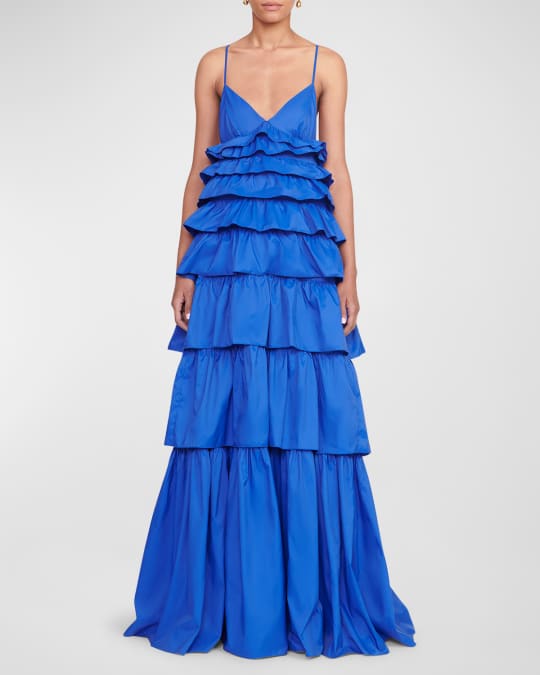 Staud Rylie Tiered Ruffle Tie-Back Gown | Neiman Marcus