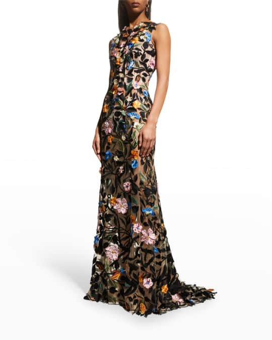 Floral Embroidered Lace Up Corset Illusion Gown