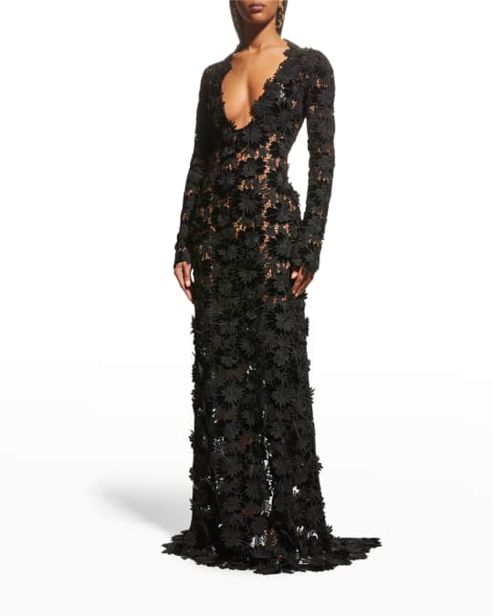 Oscar de la Renta Floral Embroidered Velvet Lace Gown | Neiman Marcus