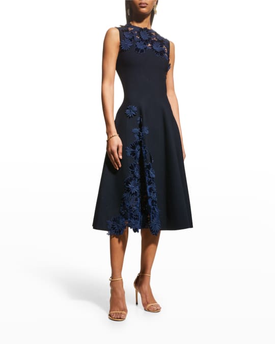 Oscar de la Renta Floral Velvet Lace Insert Fit-&-Flare Midi Dress | Neiman  Marcus