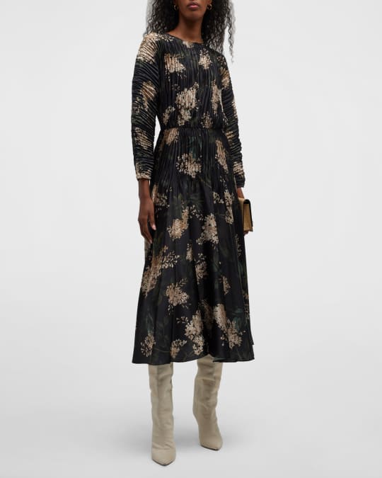Vince Floral Micro-Pleated Dress | Neiman Marcus