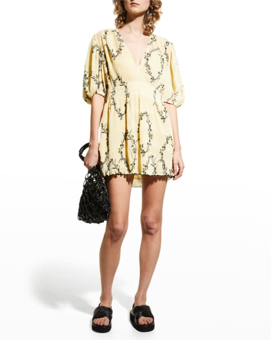 Ganni Recycled Floral Pleated V-Neck Mini Dress | Neiman Marcus