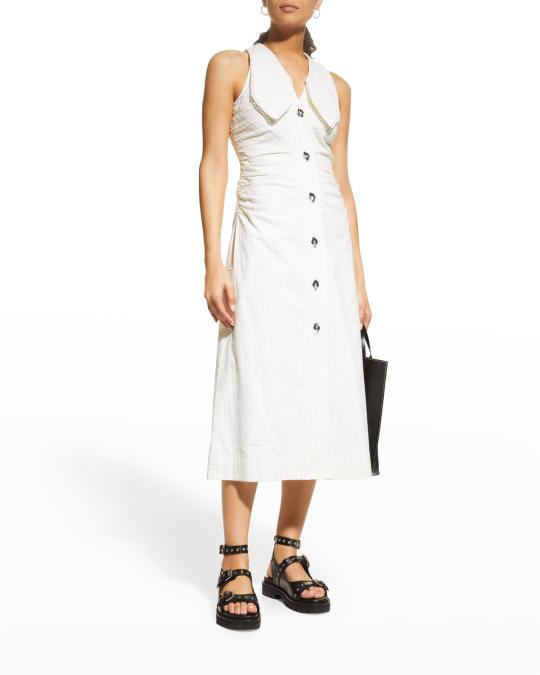 ganni seersucker midi dress Ganni Blue Striped Cotton Dress Ganni Seersucker Midi Dress Ganni Striped  Cotton-blend Seersucker