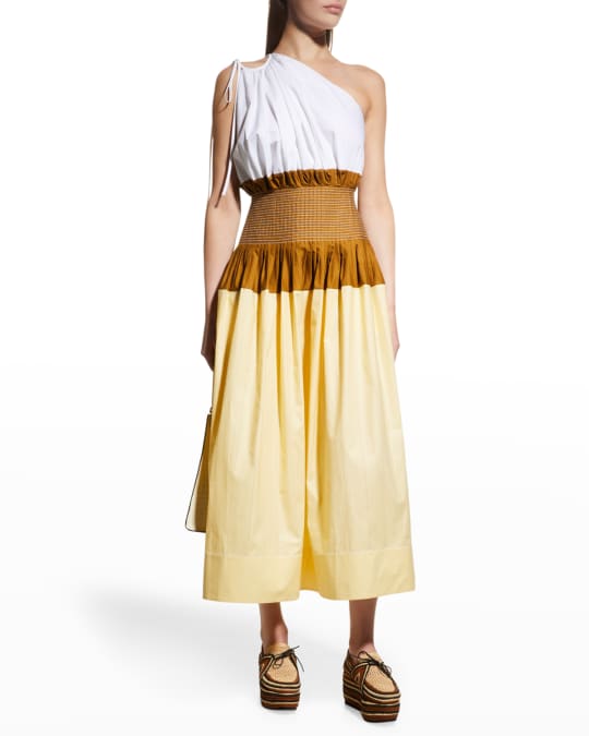 Smocked Colorblock One-Shoulder Dress