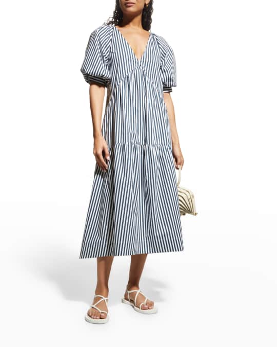 FRAME Organic Cotton Striped Puffed-Sleeve Tiered Midi Dress | Neiman ...