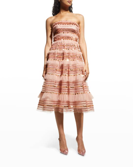 Pamella Roland Strapless Stripe Beaded Tulle Midi Dress Neiman