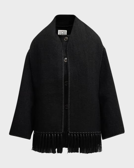 Embroidered Fringe-Trim Scarf Wool Jacket