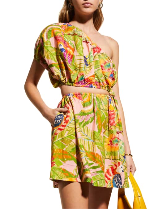 Farm Rio Macaw Leaves Knotted Cutout-Waist Mini Dress | Neiman Marcus