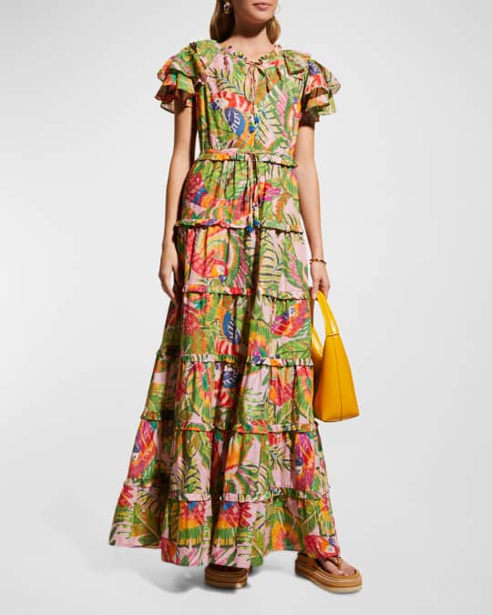 Farm Rio Macaw Leaves Flutter-Sleeve Tiered Maxi Dress | Neiman Marcus