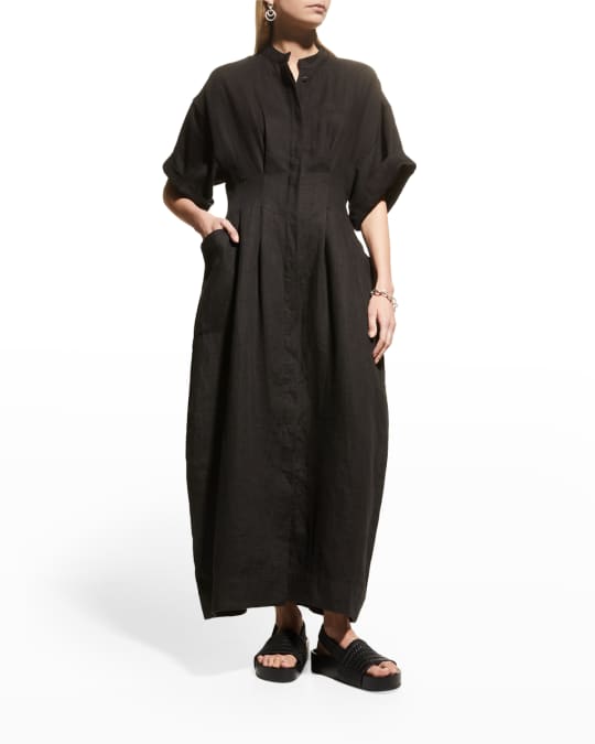 Pintuck Side Patch Pocket Linen Dress