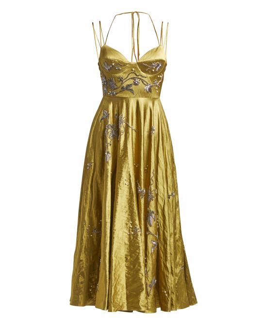 erdem gold dress Rea Beaded Strappy Satin Midi Bustier Cocktail dress